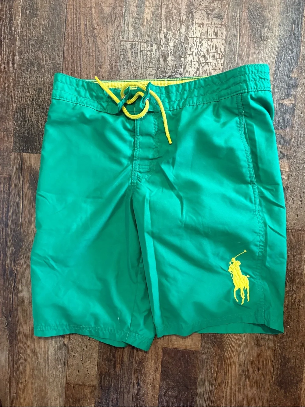 Boys XL Ralph Lauren Green Swim Trunks with Yellow Polo Logo